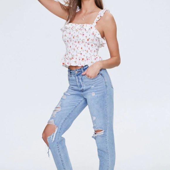 | f21• sunshine white floral smocked flounce top • small | - Picture 4 of 5